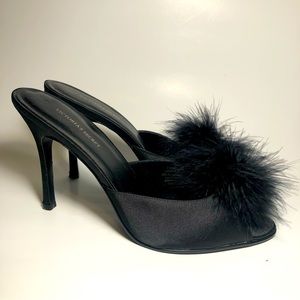 Victorias Secret Black Feather Fluffy Satin Stiletto Heels Boudoir Slipper 9